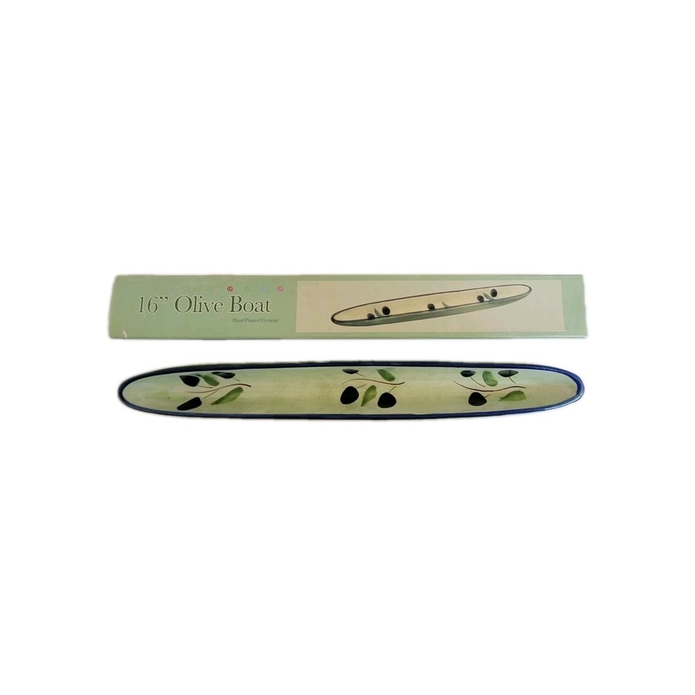 Hand Painted 16" Olive Boat tray with Olive‎ print In Blues and Greens